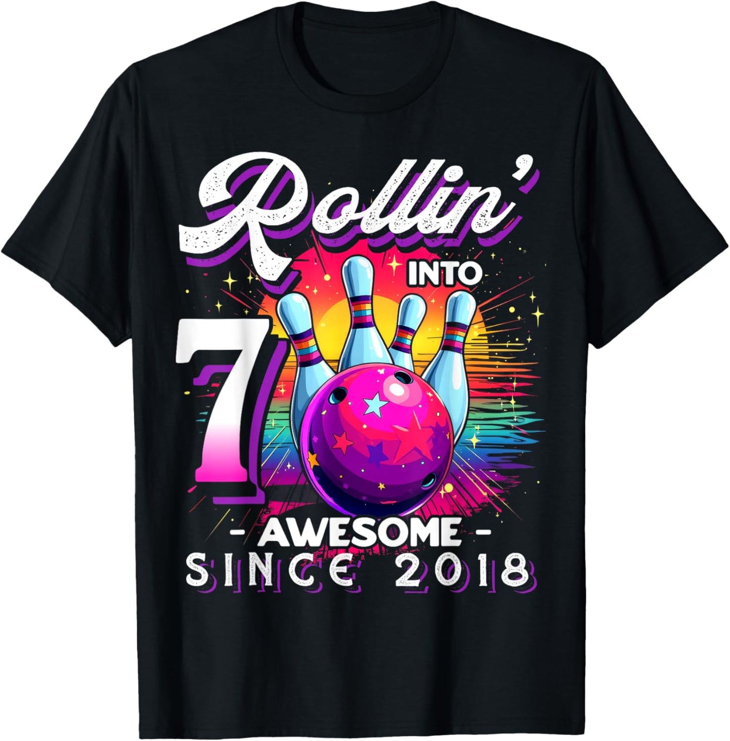 Bowling Party Rollin' 7 Awesome 2018 7th Birthday Girls T-Shirt - T-Shirt | Black