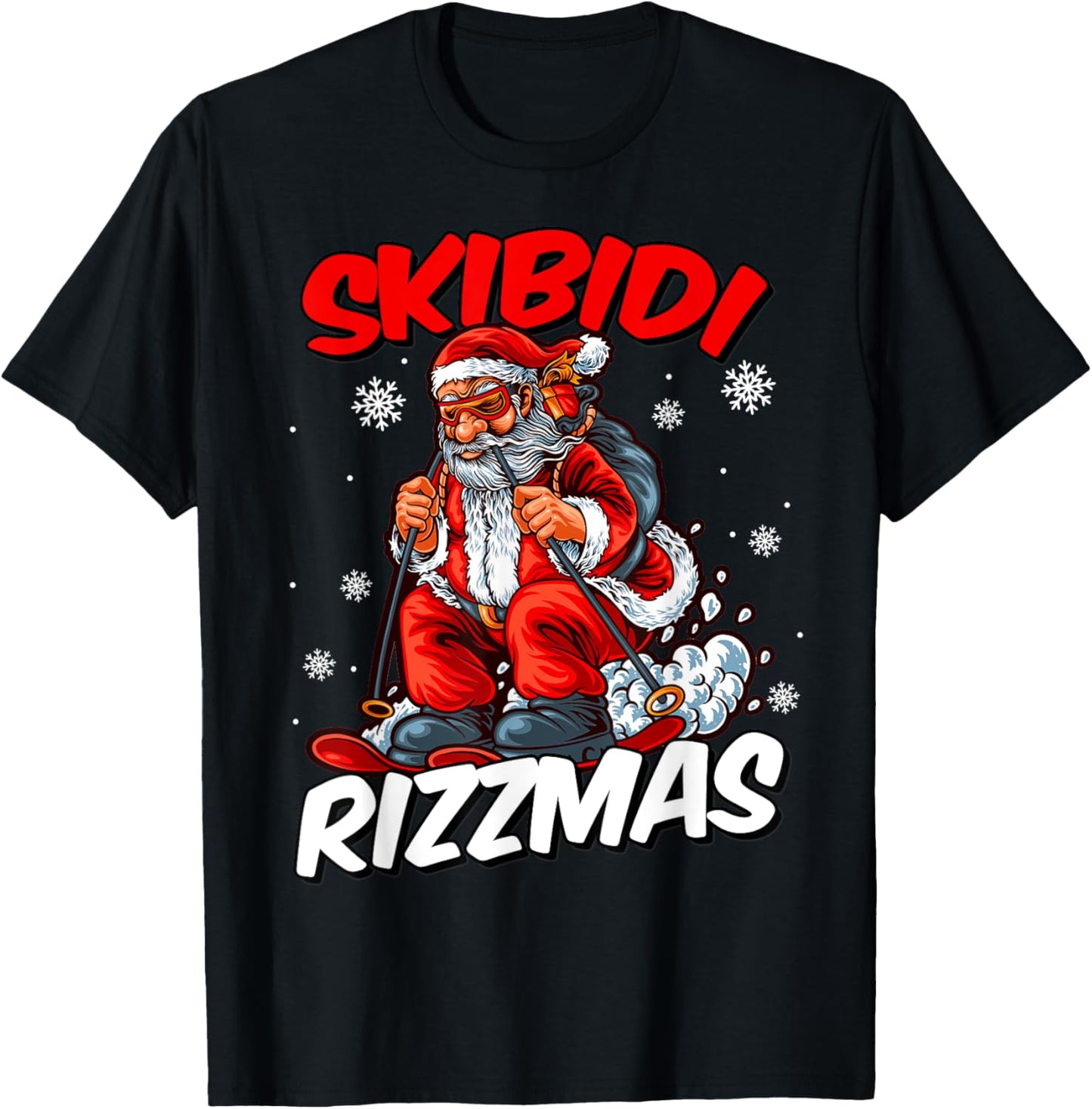 Retro Skibidi Rizzmas Funny Santa Clause Skiing_Xmas T-Shirt - T-Shirt | Black