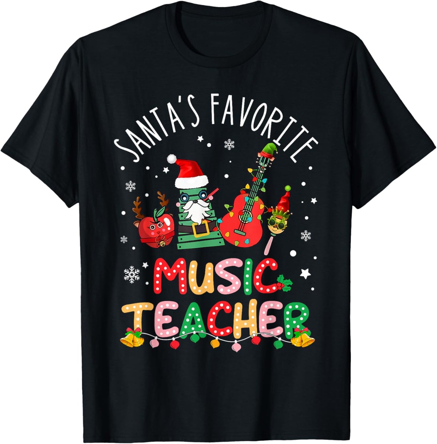 Santa's Favorite Music Teacher Christmas Santa Hat Matching T-Shirt - T-Shirt | Black