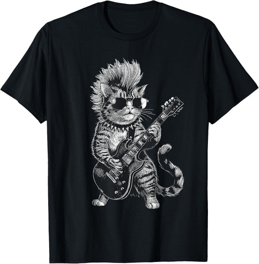 Cat Playing Electric Guitar Punk Rock Cat Rockstar T-Shirt - T-Shirt | Black
