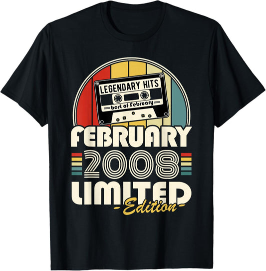 Vintage Birthday 18 Years Born in February 2008 Boy Girl T-Shirt - T-Shirt | Black