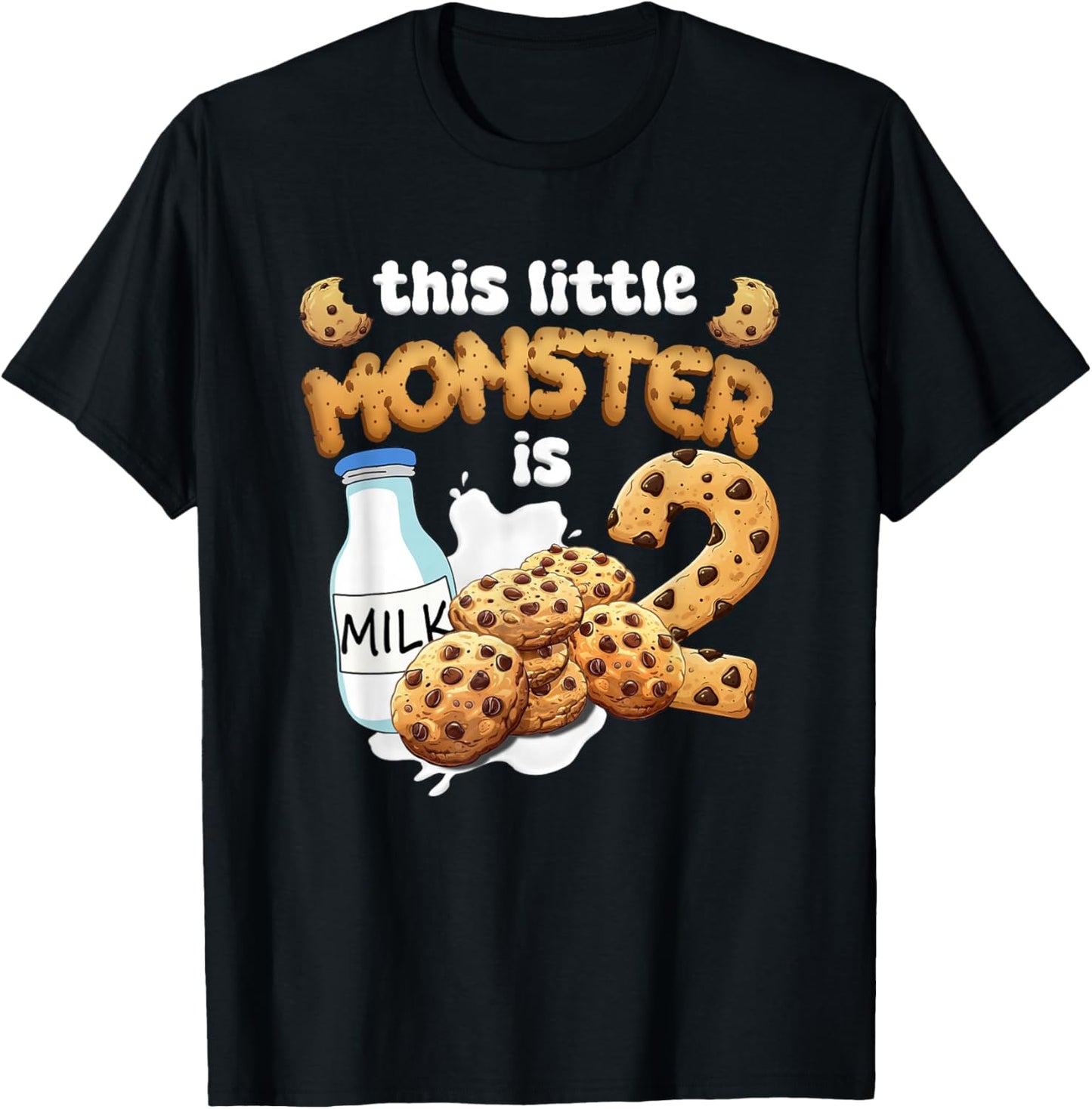 Milk and Cookies This Little Monster is 2 2nd Bday Boy Girl T-Shirt - T-Shirt | Black