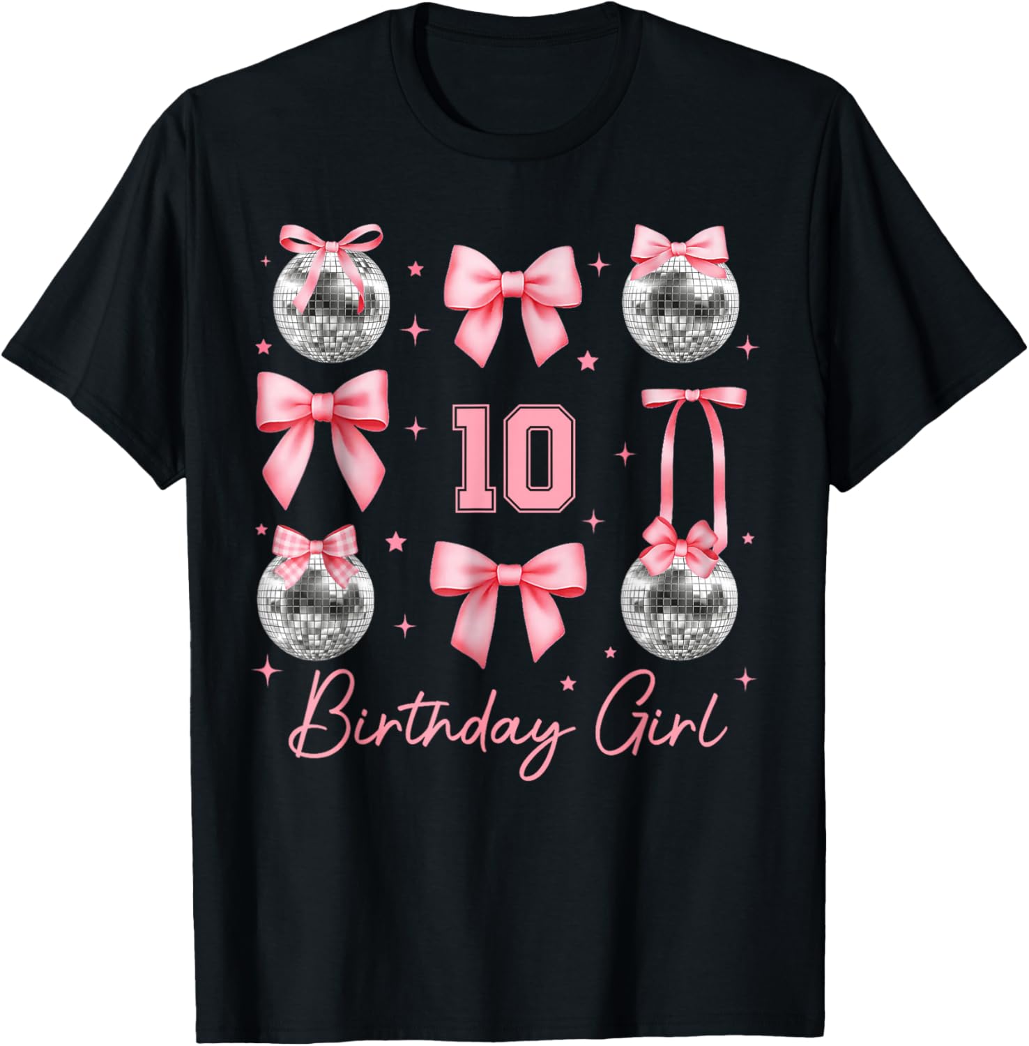 10th Birthday Coquette Bow Disco Ball 10 Year Old Birthday T-Shirt - T-Shirt | Black