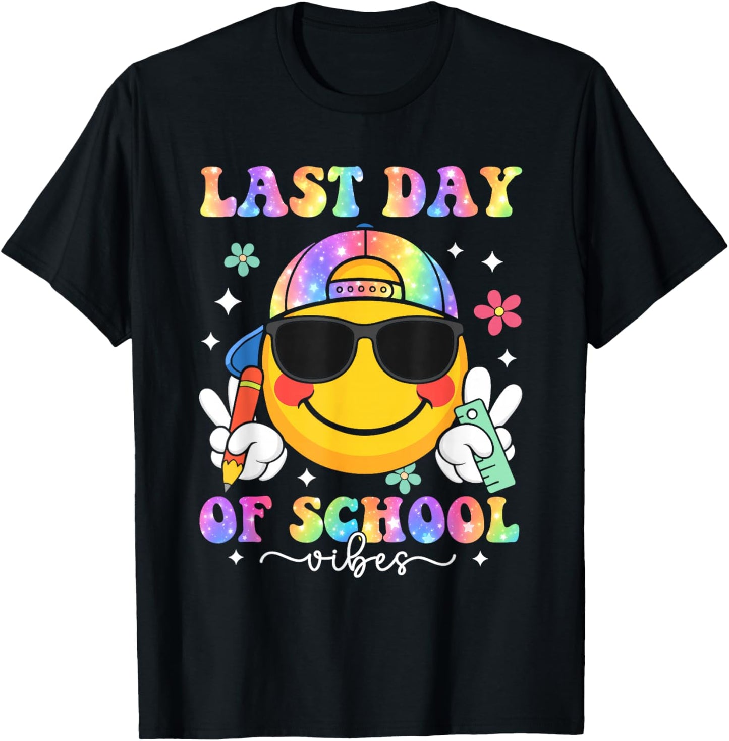 Groovy Last Day of School Vibes Smile Face Graduation Kids T-Shirt - T-Shirt | Black