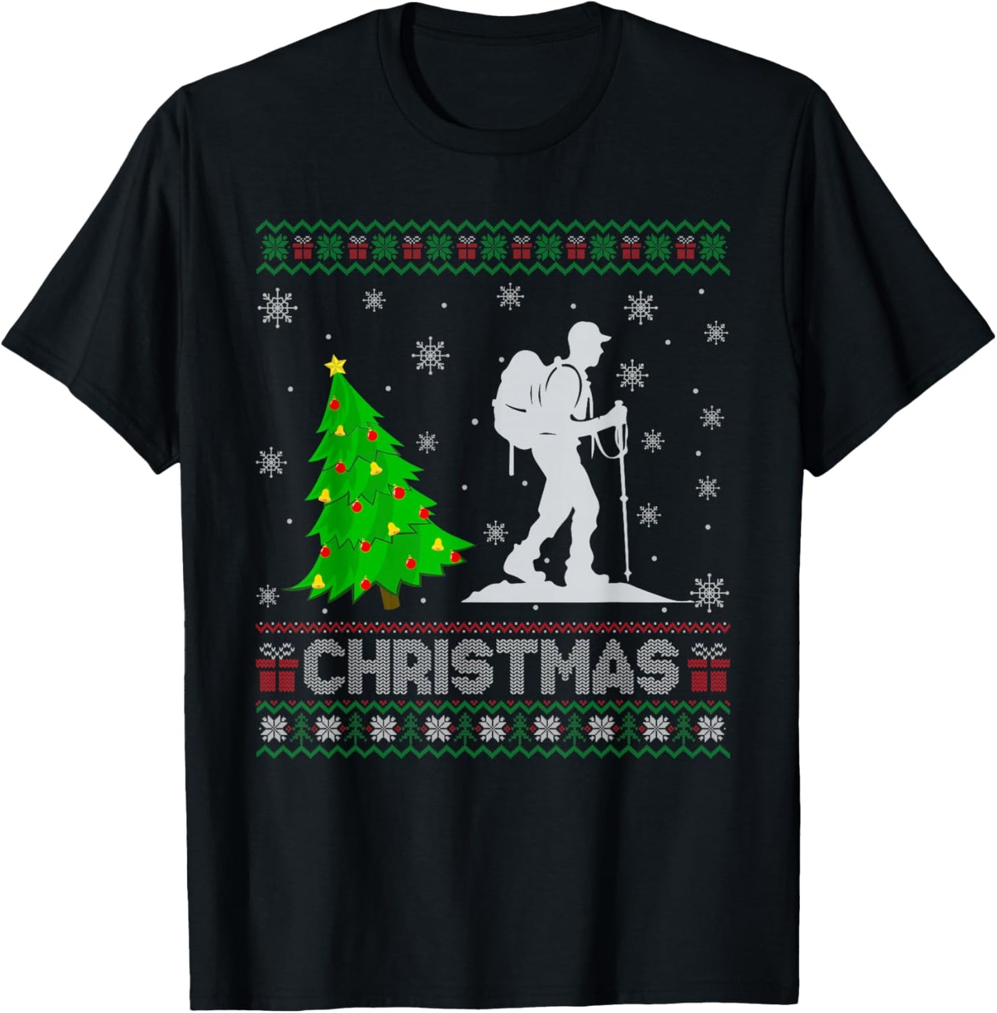 Hiking Xmas Tree Lighting Ugly Christmas Sweater T-Shirt - T-Shirt | Black