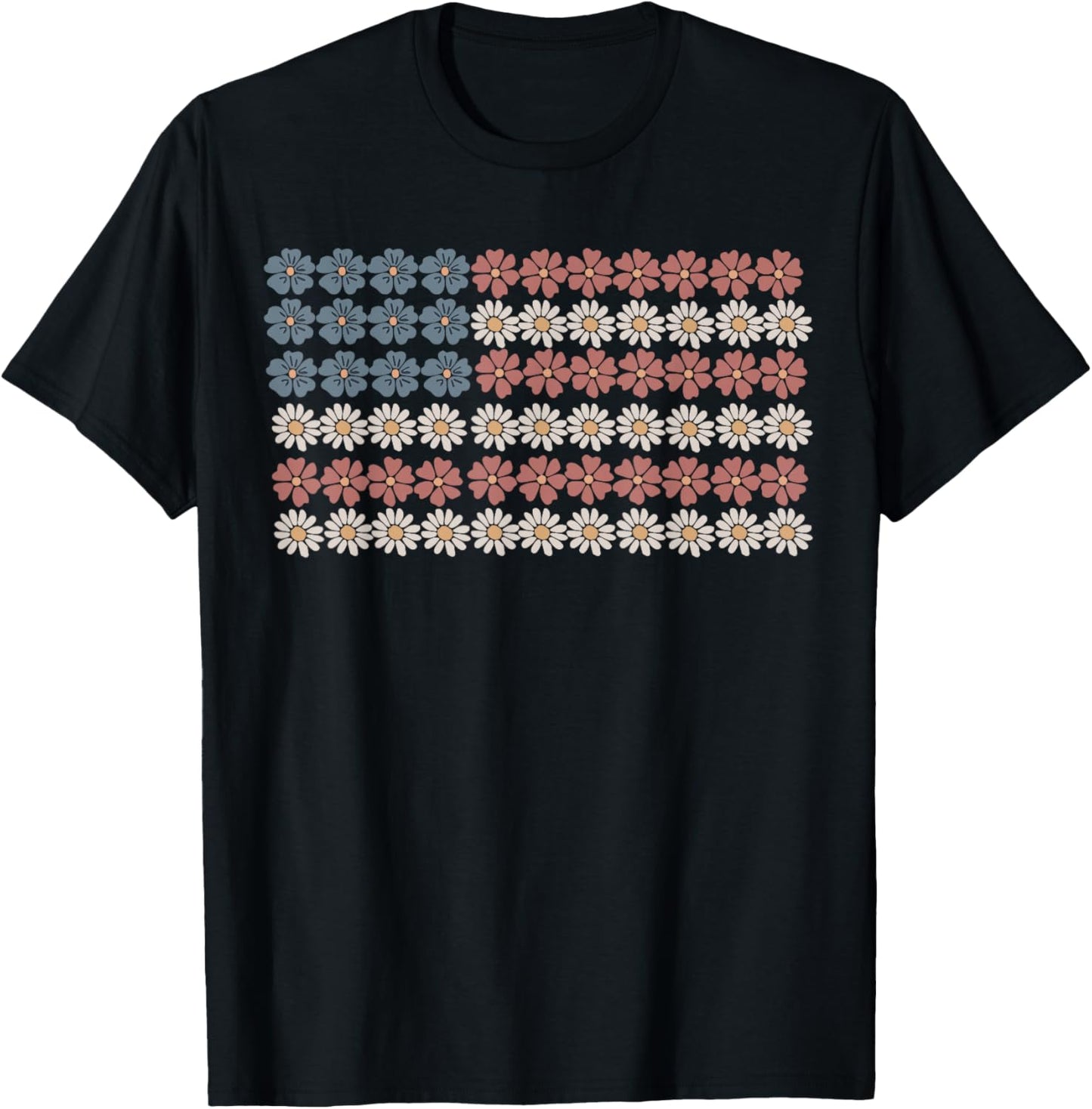 Retro Daisy Flower American Flag Women 4th of July Patriotic T-Shirt - T-Shirt | Black