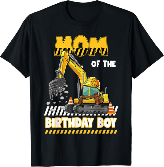 Mom Of The Birthday Boy Construction Excavator Family T-Shirt - T-Shirt | Black