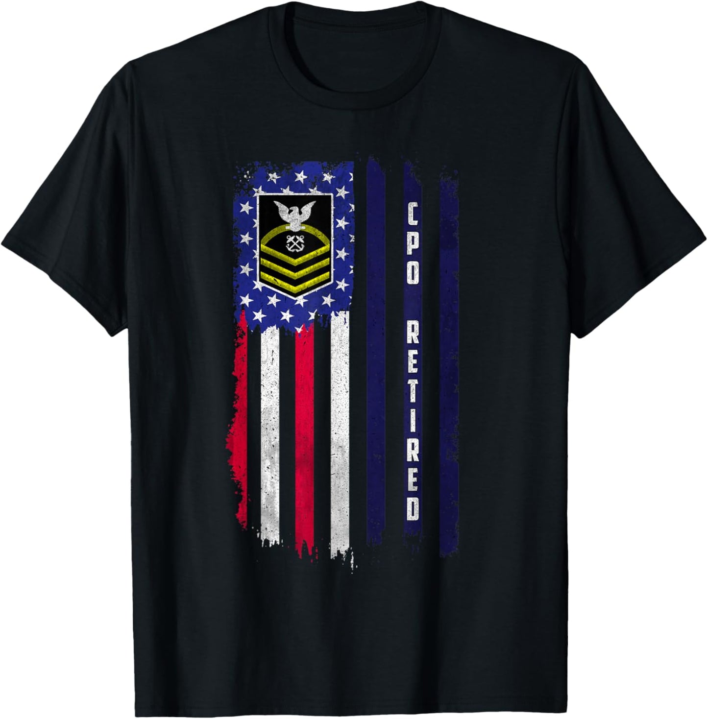 Retired E-7 Chief Petty Officer CPO Rank American Flag Papa T-Shirt - T-Shirt | Black