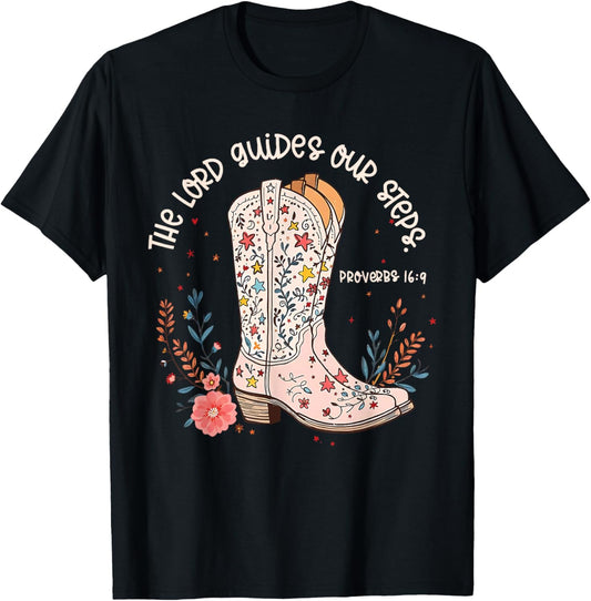 The Lord Guides Our Steps Walk by Faith Wildflower Boots T-Shirt - T-Shirt | Black