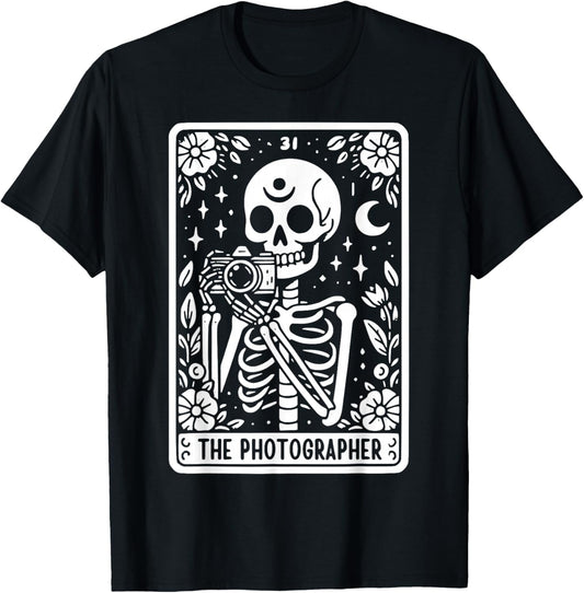 The Photographer Skeleton Tarot Card Photographer Cameraman T-Shirt - T-Shirt | Black