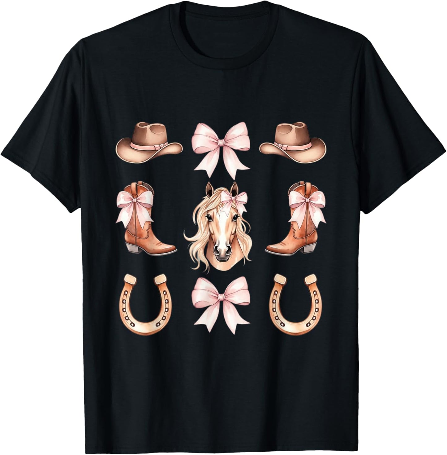 Coquette Cowgirl Aesthetic Horse and Boots with Pink Bows T-Shirt - T-Shirt | Black