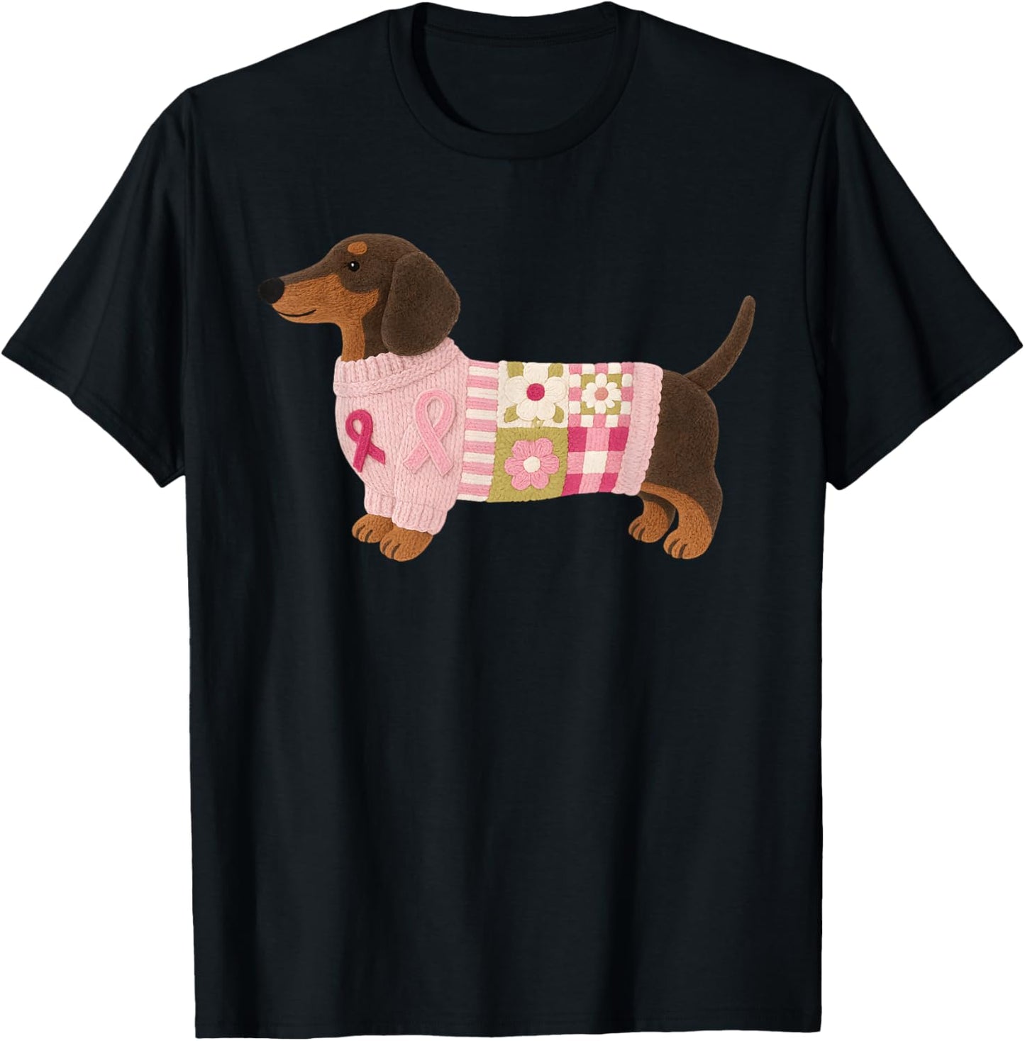 Dachshund Pink Ribbon Breast Cancer Awareness T-Shirt - T-Shirt | Black