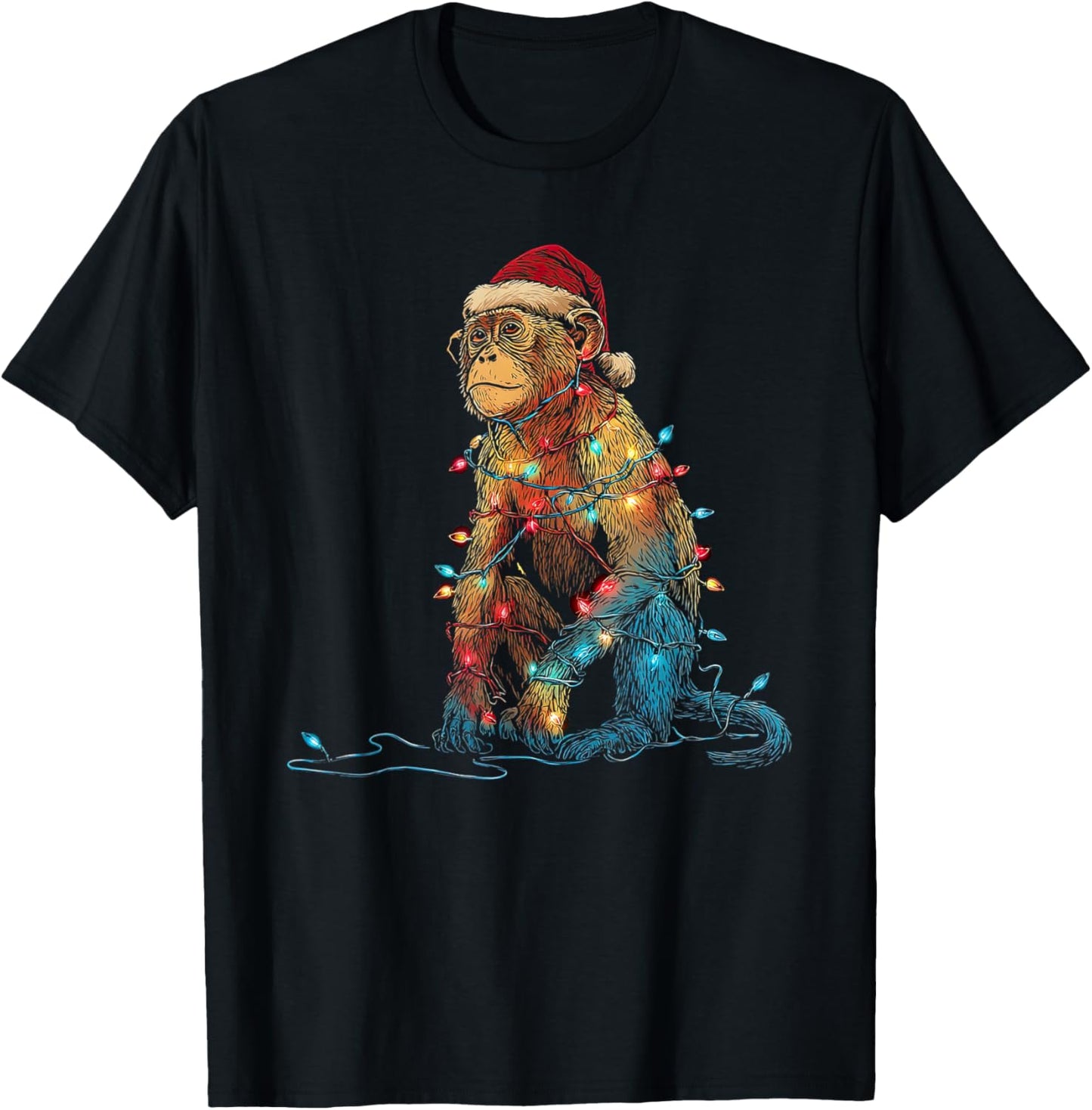 Funny Monkey Christmas Graphics Animal Lights Lover T-Shirt - T-Shirt | Black