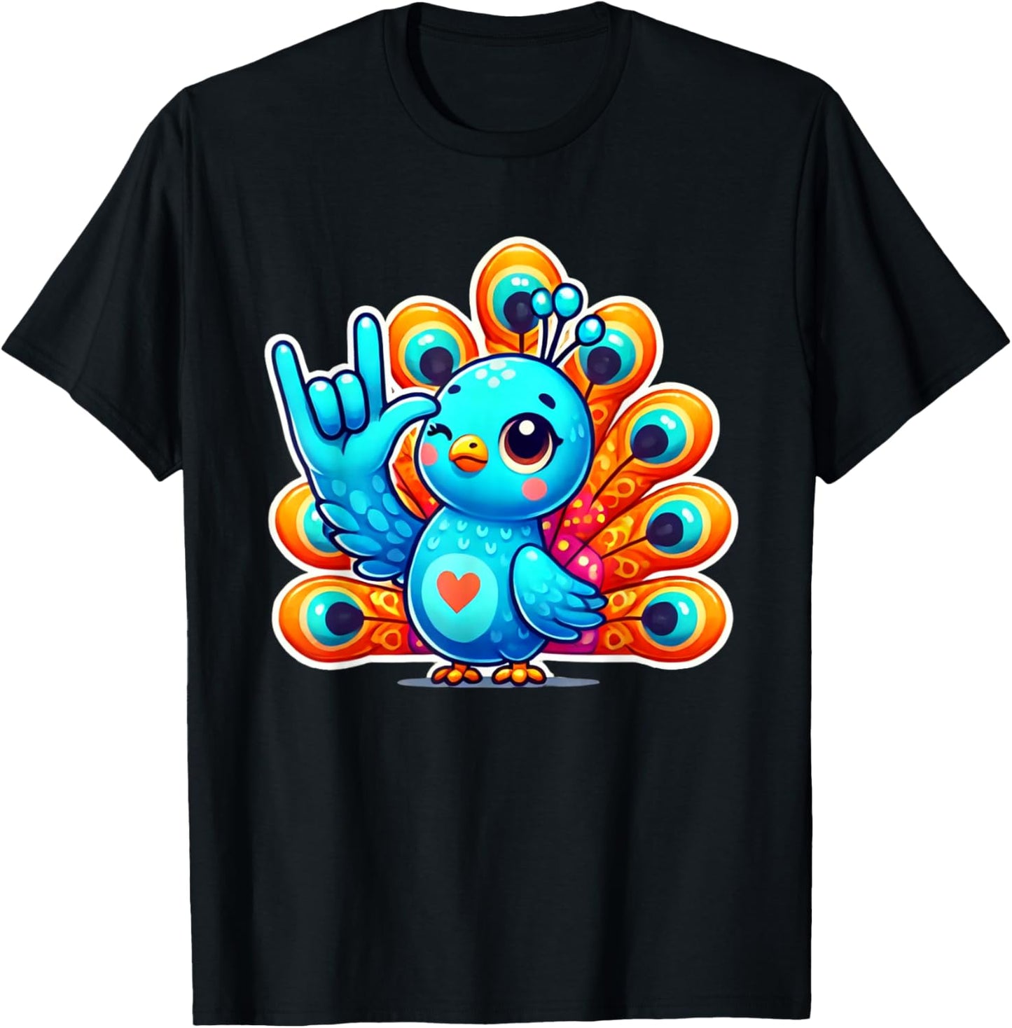 Cute Peacock Bird Love You Hand Sign Language ASL T-Shirt - T-Shirt | Black