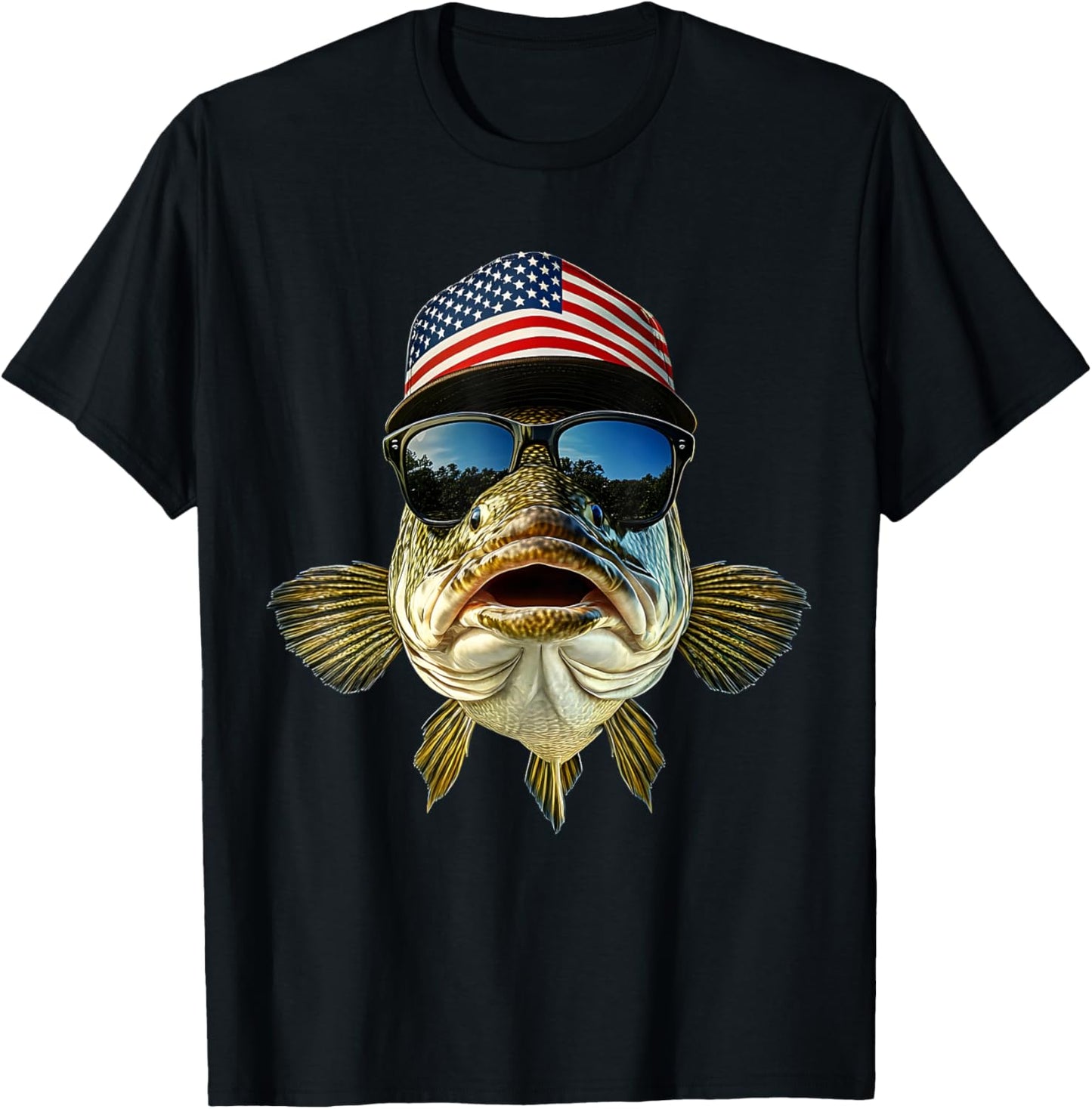 Bass Fishing Outfit USA Flag America Cap and Sunglasses T-Shirt - T-Shirt | Black