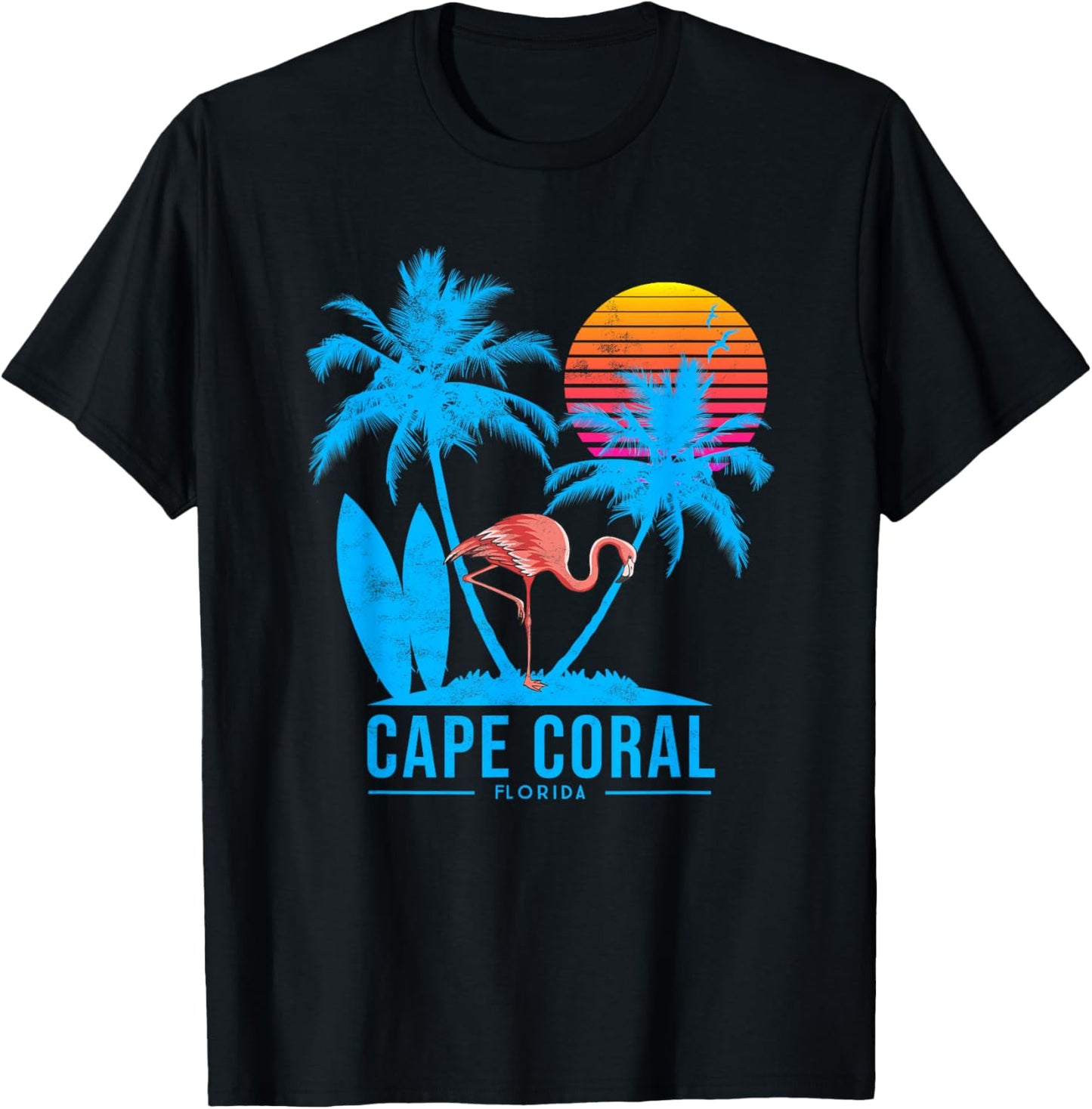Cape Coral Florida. Flamingo and palm trees tropical sunset T-Shirt - T-Shirt | Black