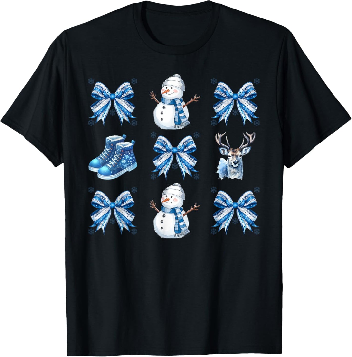Cute Snowman Coquette Bow Winter Wonderland Icy Blue Xmas T-Shirt - T-Shirt | Black