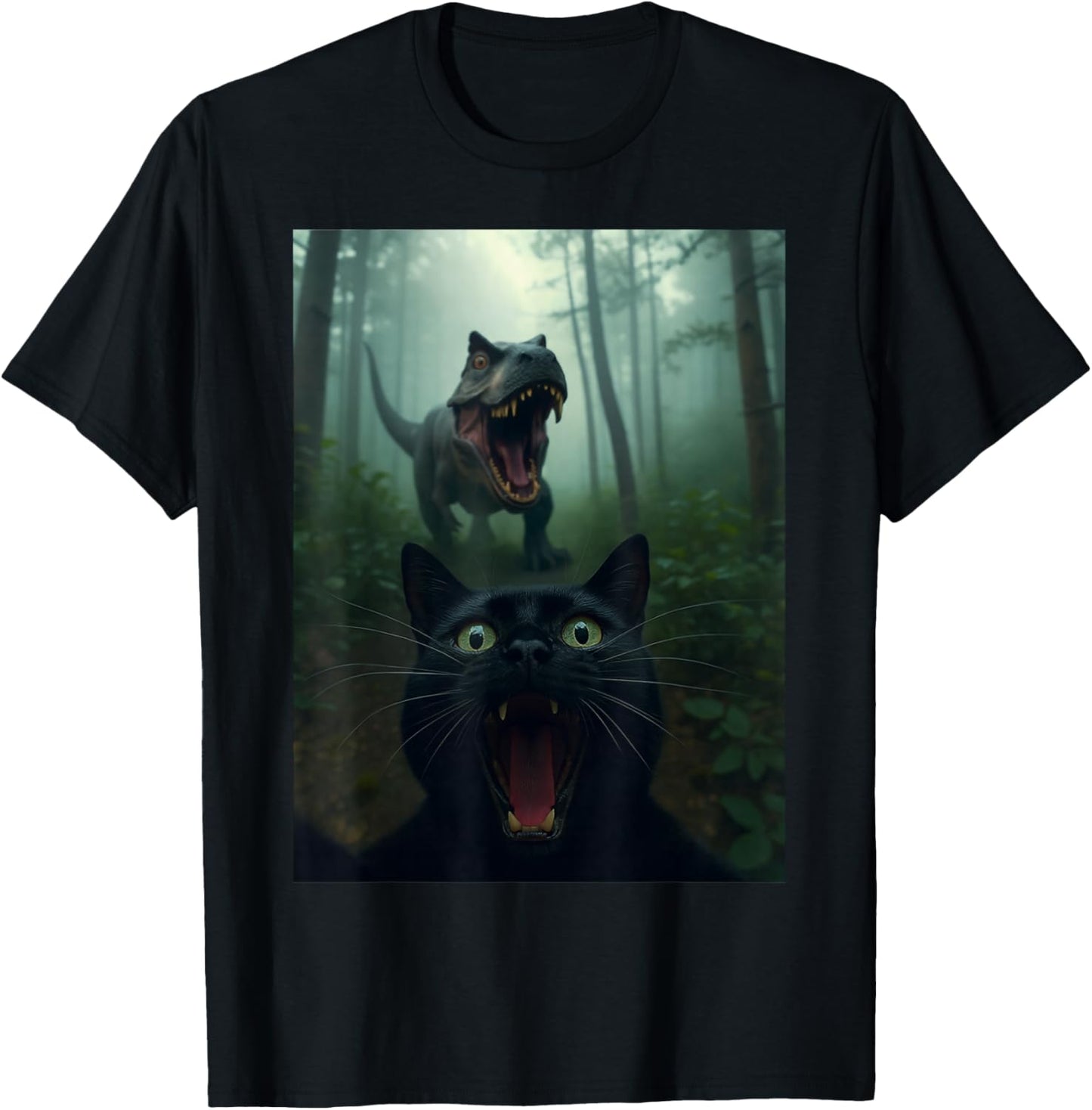 Funny Cat Selfie with T-Rex Dinosaur Gifts Women Kid T-Shirt - T-Shirt | Black