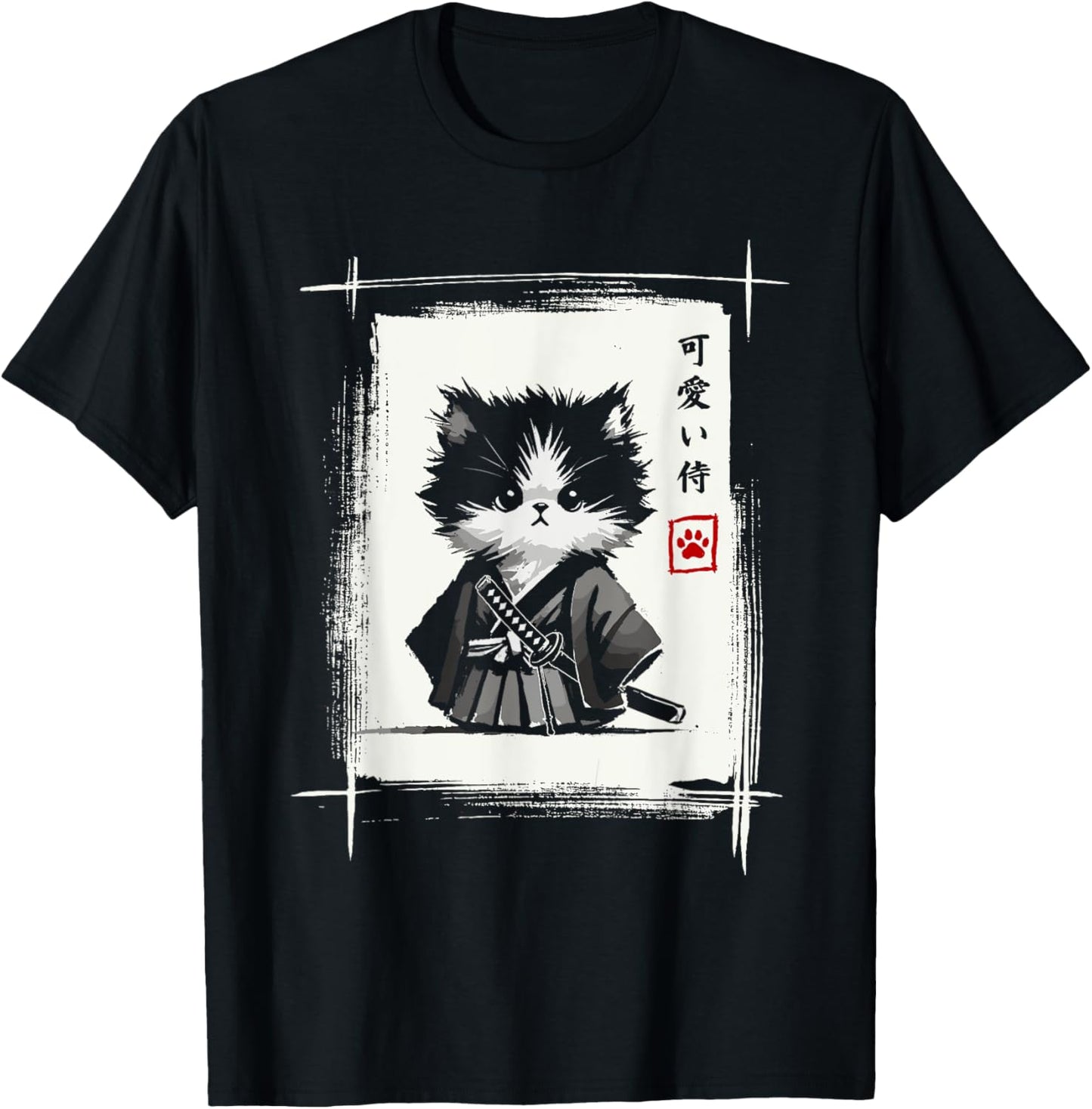 Samurai Cat Japanese Art Sumi-e Novelty Kawaii Funny Cat T-Shirt - T-Shirt | Black