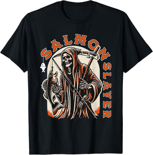 Salmon Slayer Funny skeleton Fishing Salmon Fish T-Shirt - T-Shirt | Black