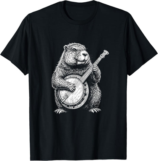 Groundhog Retro Cute Groundhog Playing the banjo instrument T-Shirt - T-Shirt | Black