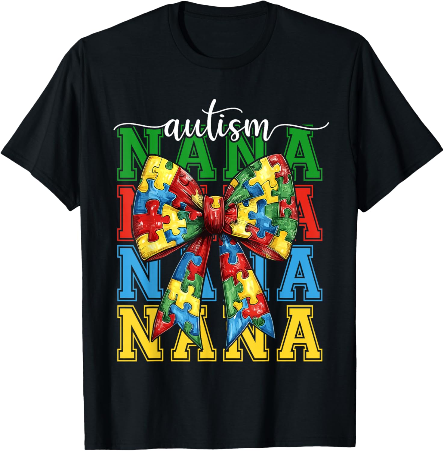 Autism Nana Puzzle Coquette Bow Autism Awareness Grandma T-Shirt - T-Shirt | Black