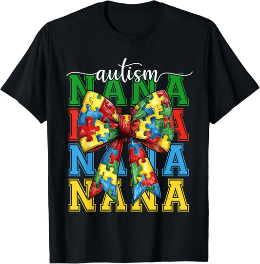 Autism Nana Puzzle Coquette Bow Autism Awareness Grandma T-Shirt - T-Shirt | Black