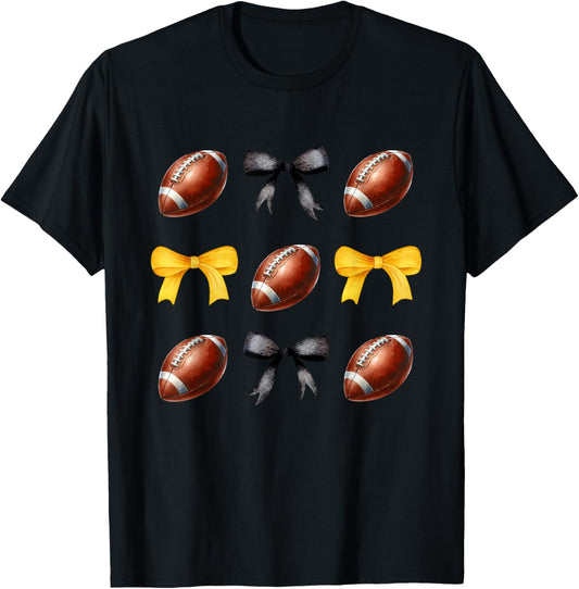 Black & Gold Footballs & Bows Fall Autumn Football Season T-Shirt - T-Shirt | Black