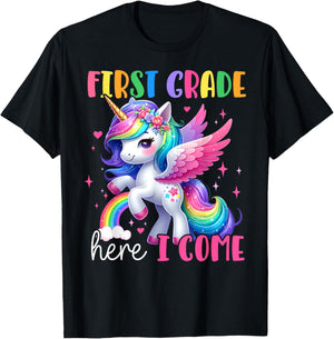 First Grade Here I Come Unicorn Girls Kids Back To School T-Shirt - T-Shirt | Black