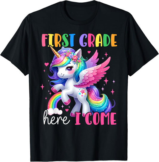 First Grade Here I Come Unicorn Girls Kids Back To School T-Shirt - T-Shirt | Black