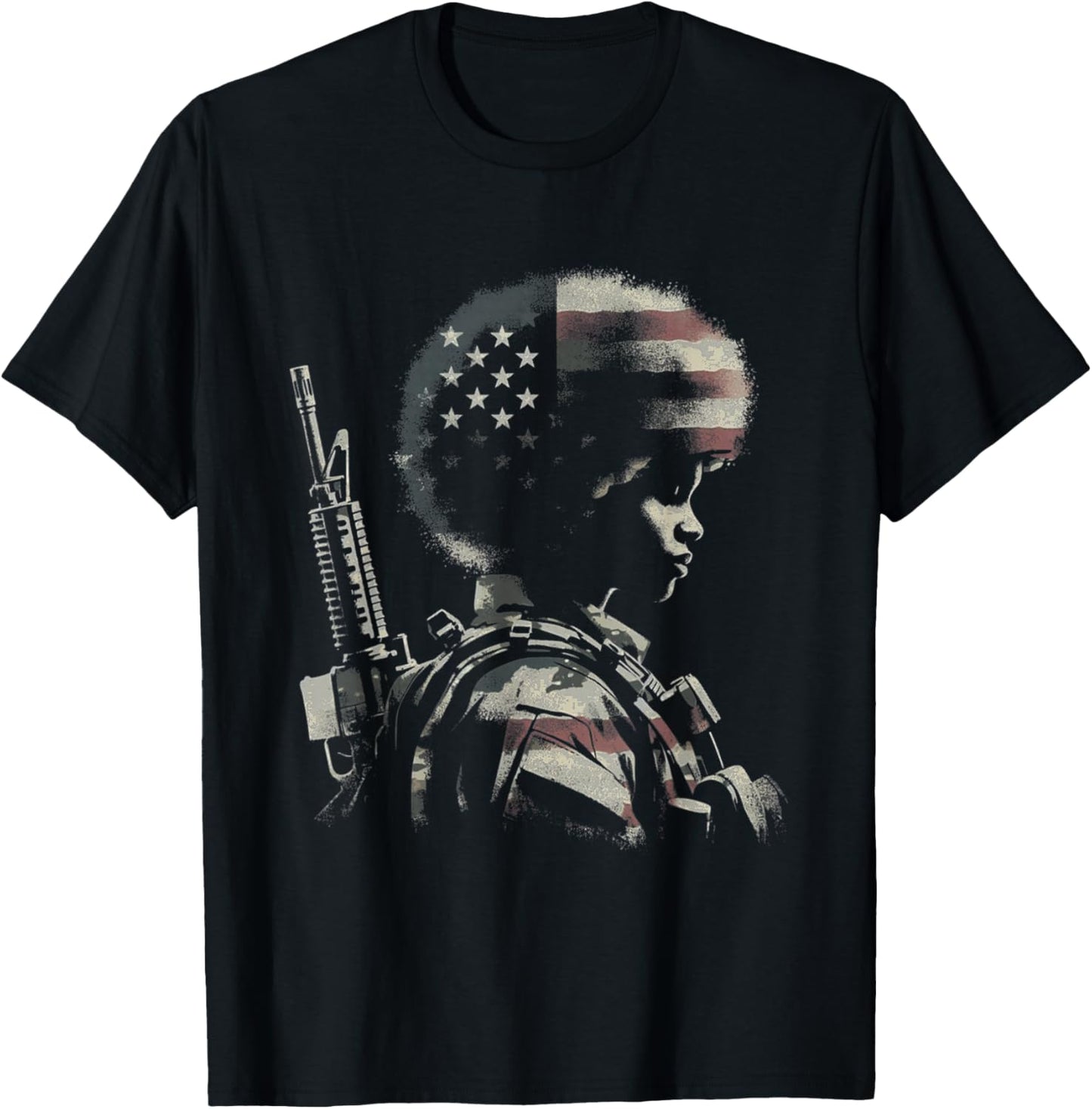 Female Soldier American Flag - Patriotic USA Afro Veteran T-Shirt - T-Shirt | Black