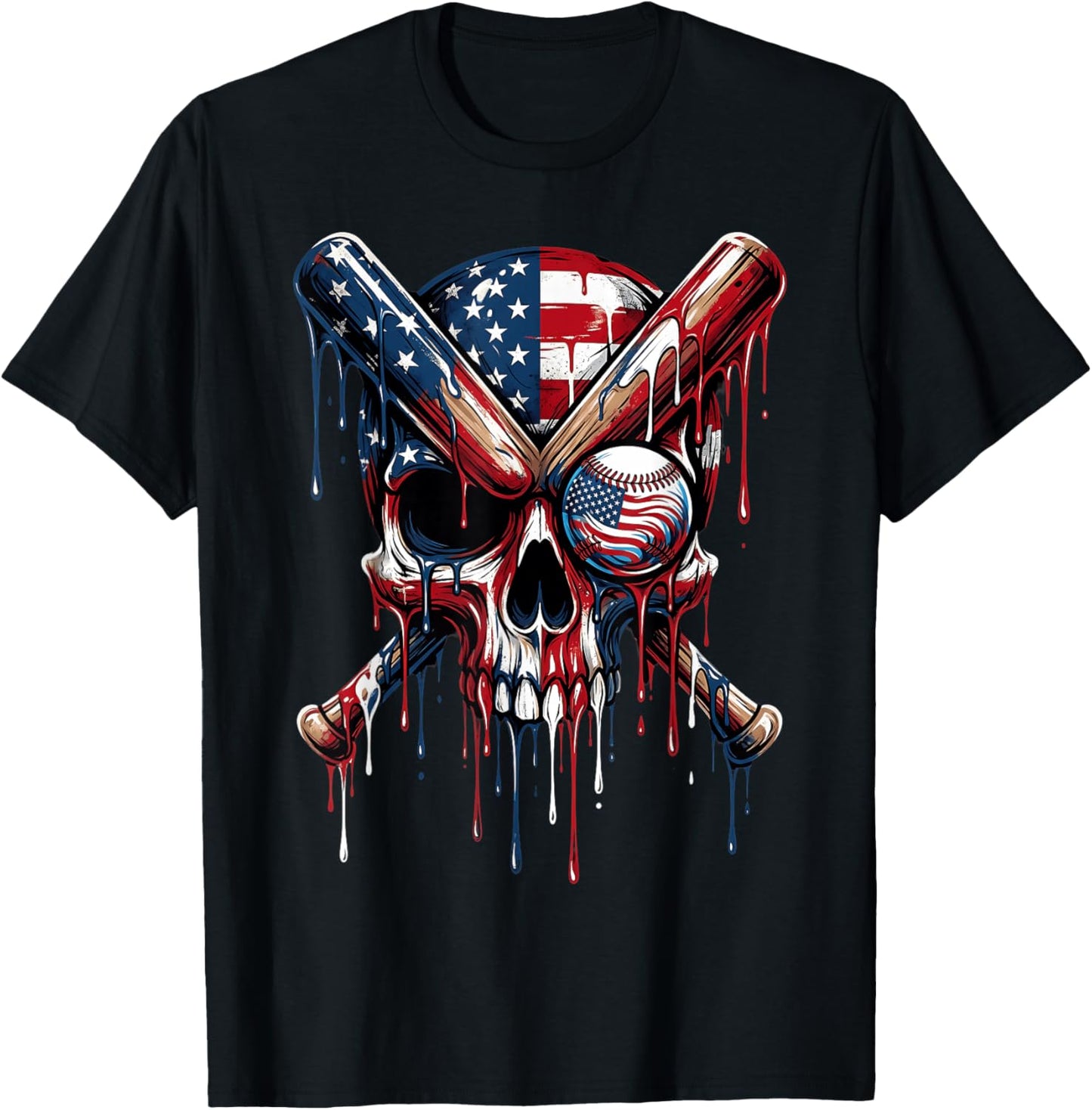 Drip Baseball American Flag Skull Dripping Baseball Player T-Shirt - T-Shirt | Black
