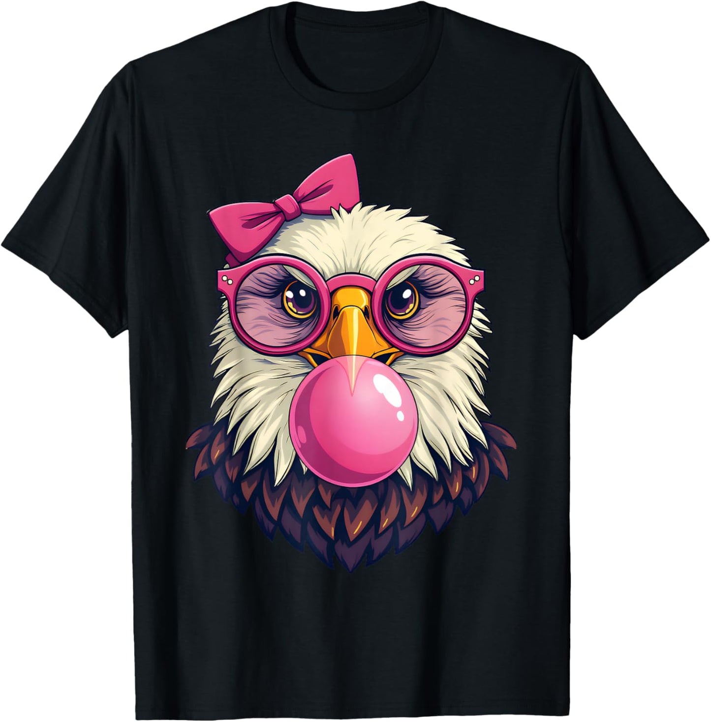 Cute Girl Bald Eagle Glasses Pink Bow Bubble Gum Eagle Lover T-Shirt - T-Shirt | Black
