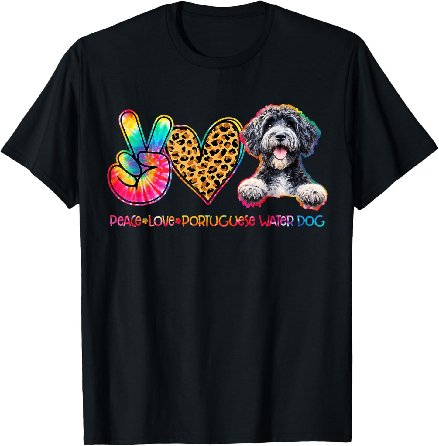 Peace Love Portuguese Water Dog Tie Dye Dog Lover T-Shirt - T-Shirt | Black