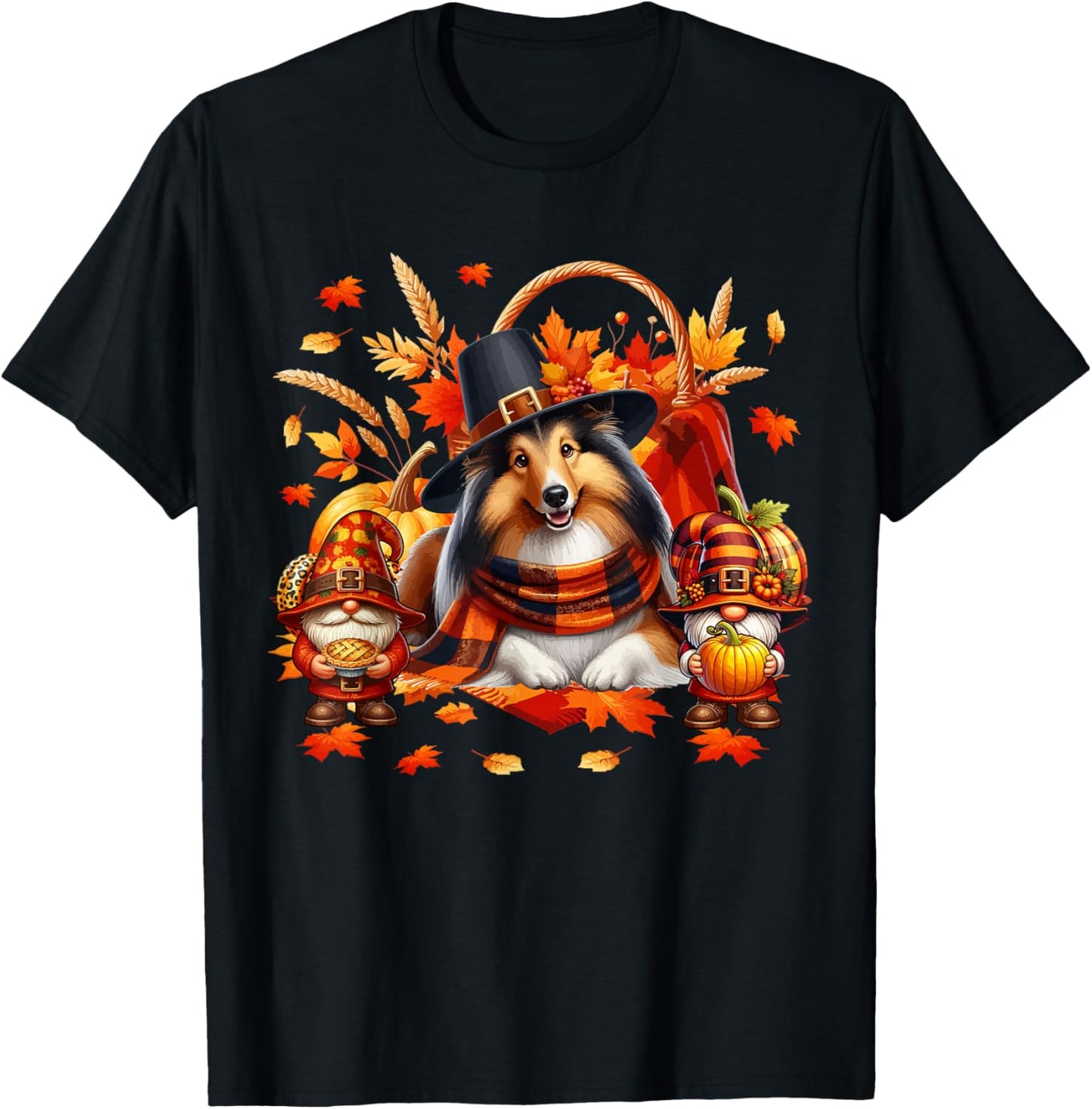 Thanksgiving Sheltie With Gnomes Fall Leaves Pumpkins T-Shirt - T-Shirt | Black