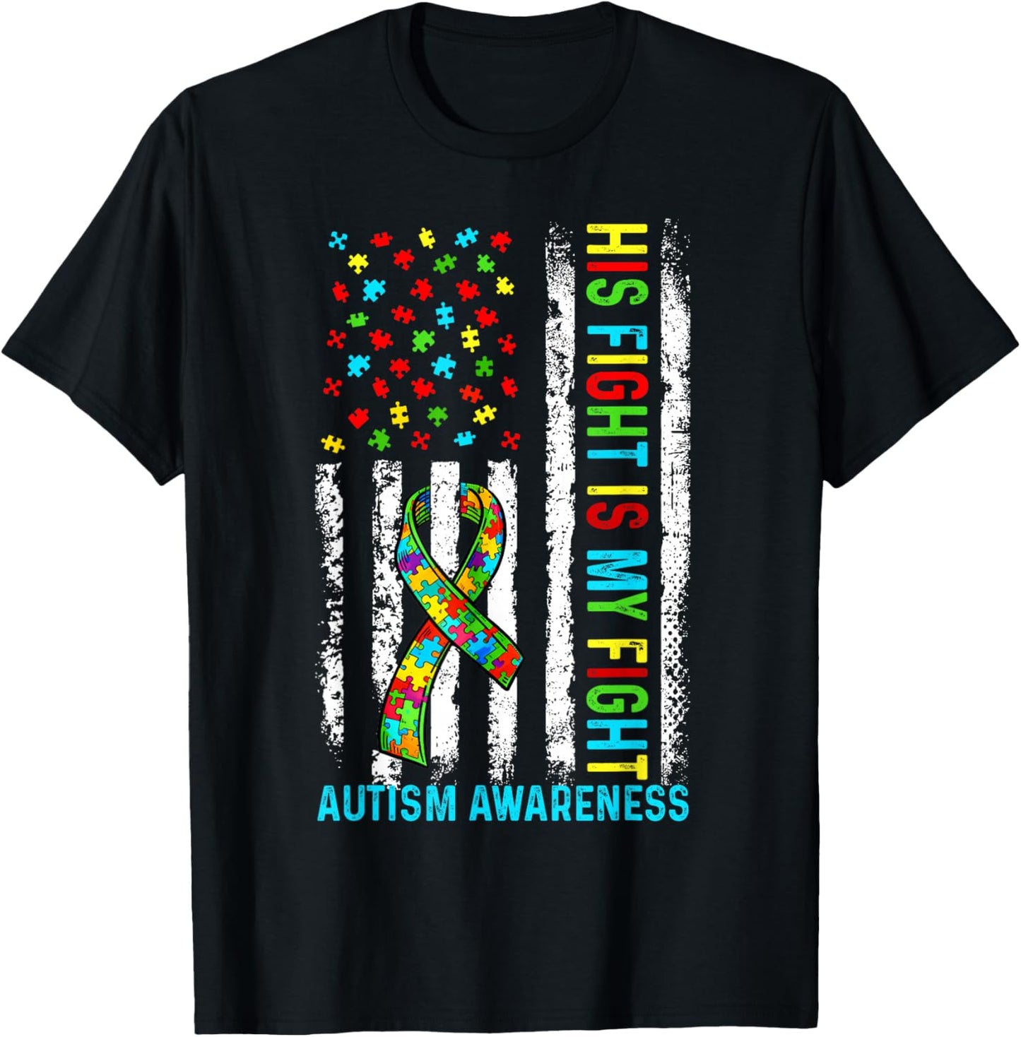 His Fight is My Fight Autism Awareness Support Ribbon Puzzel T-Shirt - T-Shirt | Black