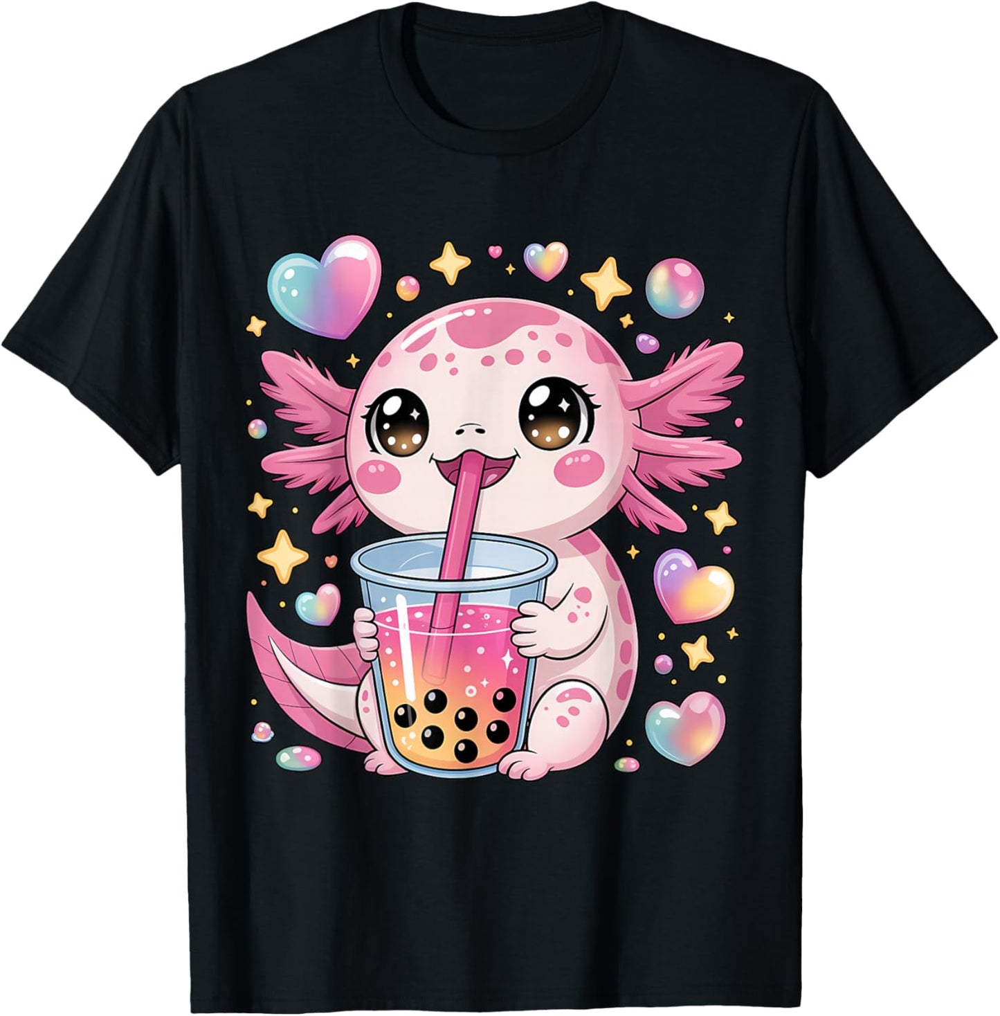 Kawaii Axolotl Bubble Tea for Kids and Teens Anime Cute Boba T-Shirt - T-Shirt | Black