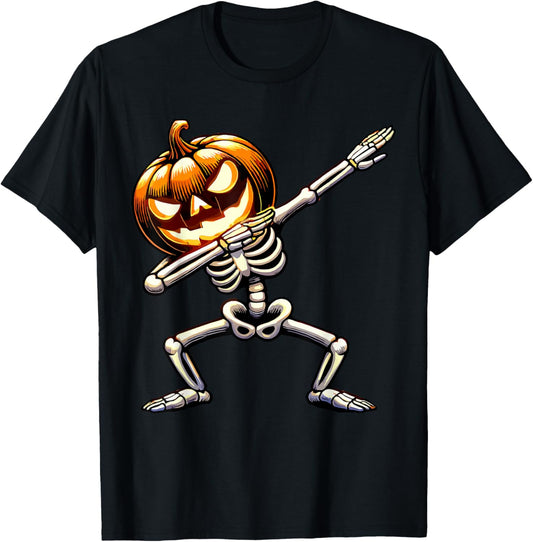 Halloween Boys Dabbing Skeleton Scary Pumpkin T-Shirt - T-Shirt | Black