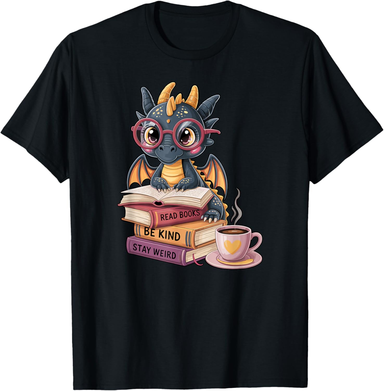 Funny Dragon Read Books Be Kind Stay Weird Book Lover T-Shirt - T-Shirt | Black