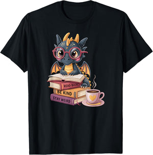Funny Dragon Read Books Be Kind Stay Weird Book Lover T-Shirt - T-Shirt | Black