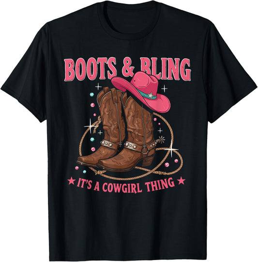 Howdy Country Rodeo Girl Western Boots & Bling its a Cowgirl T-Shirt - T-Shirt | Black