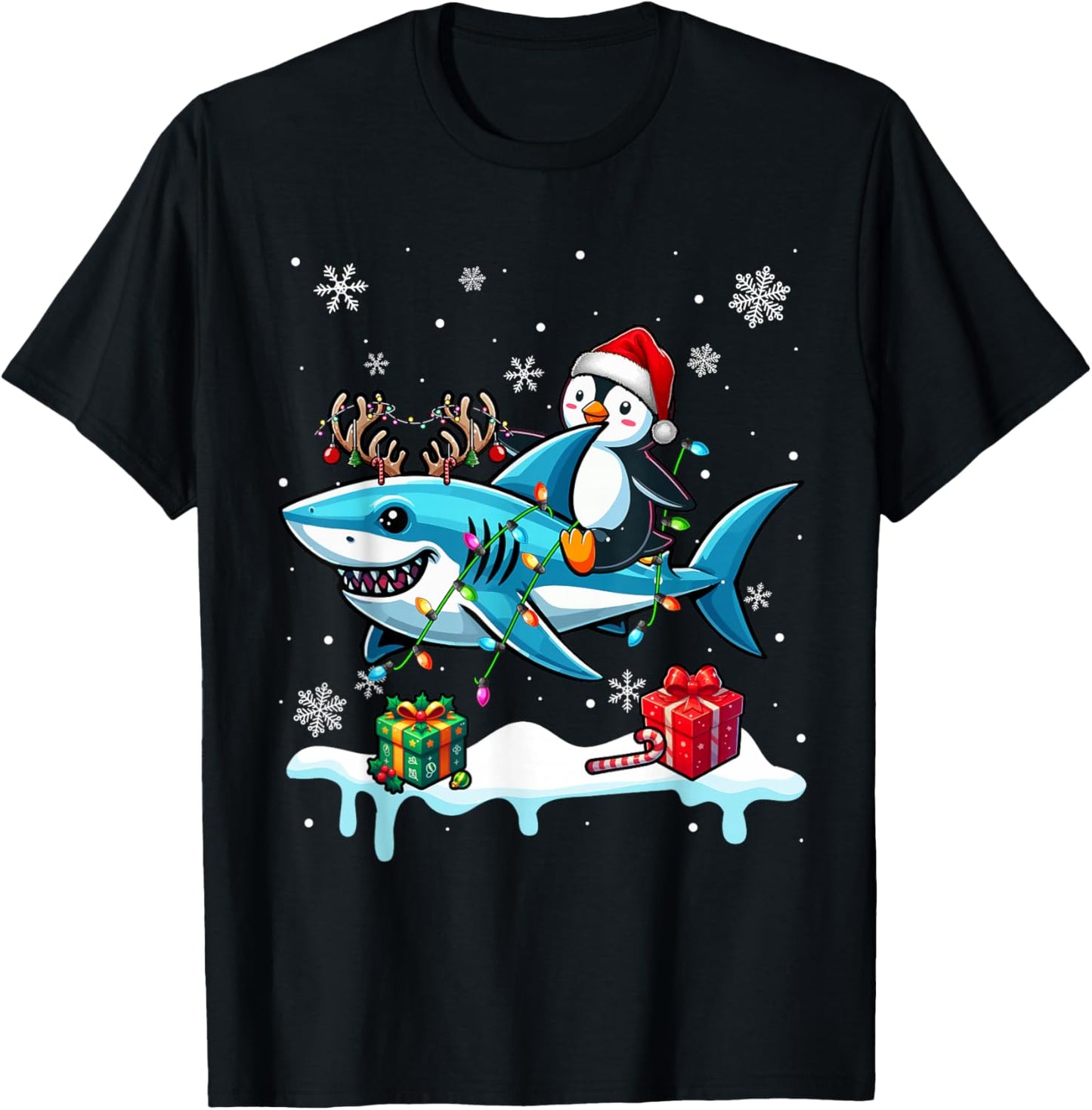 Christmas Santa Penguin Riding Reindeer Shark Lover Kids T-Shirt - T-Shirt | Black