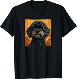 Black Poodle With Flowers Around Boho Style Graphic T-Shirt - T-Shirt | Black