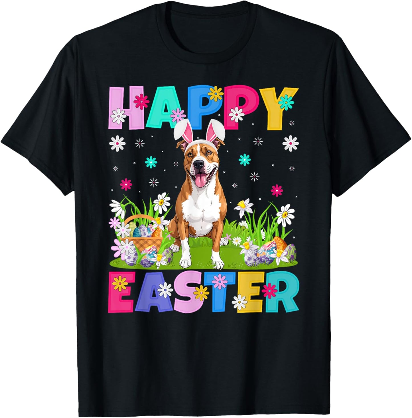 American Staffordshire Terrier Dog Easter Egg Hunt Bunny Ear T-Shirt - T-Shirt | Black