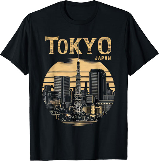 Tokyo Skyline Tower Woodblock Japanese Style Art Japan T-Shirt - T-Shirt | Black