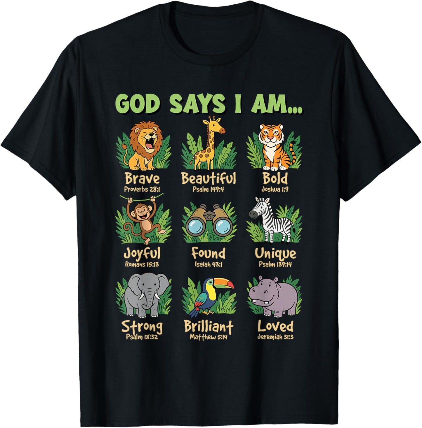 God Says I Am Bible Verses Jungle Animals Christian Kids T-Shirt - T-Shirt | Black