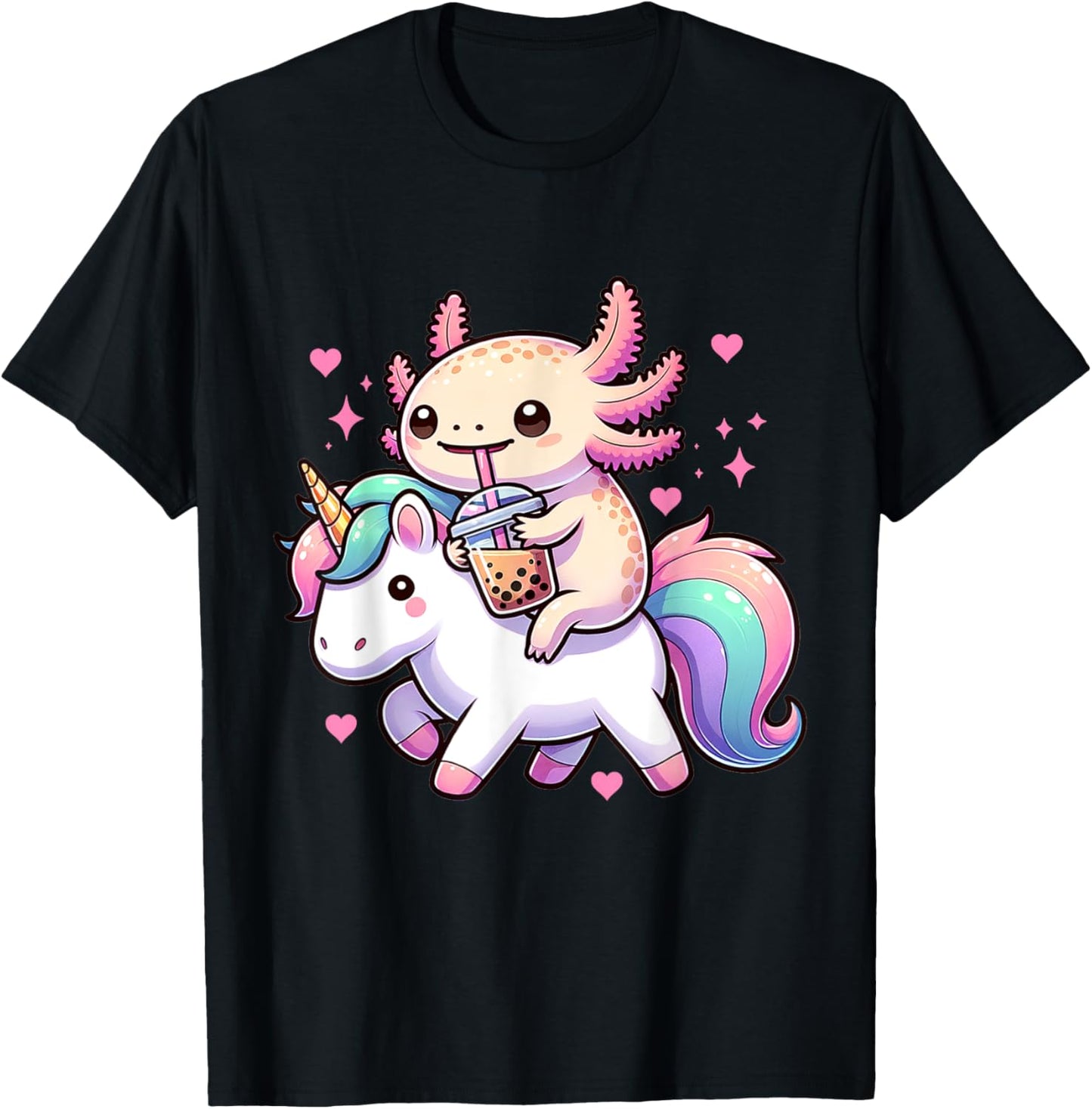 Cute Anime Kawaii Axolotl Riding A Unicorn And Drinking Boba T-Shirt - T-Shirt | Black