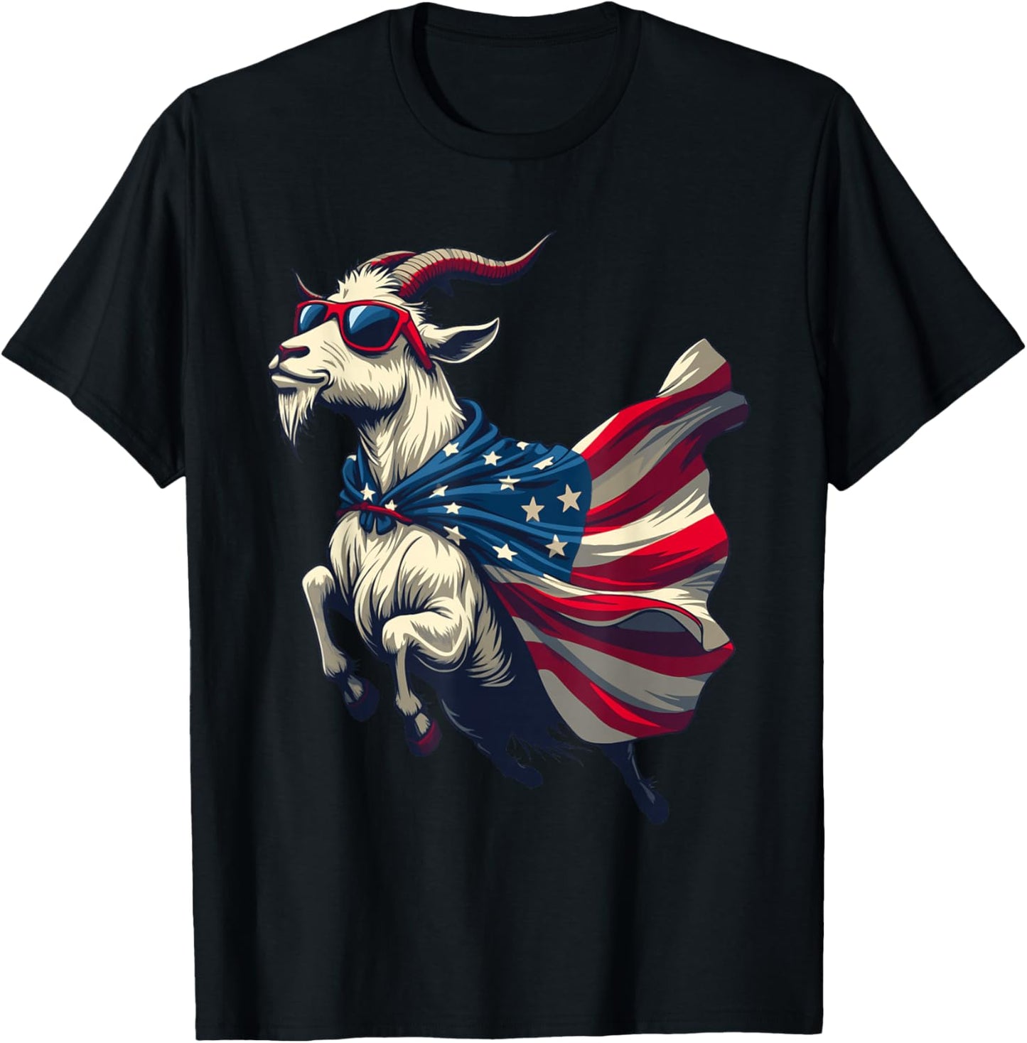 Cool Patriotic Goat in American Flag Cape with Sunglasses T-Shirt - T-Shirt | Black