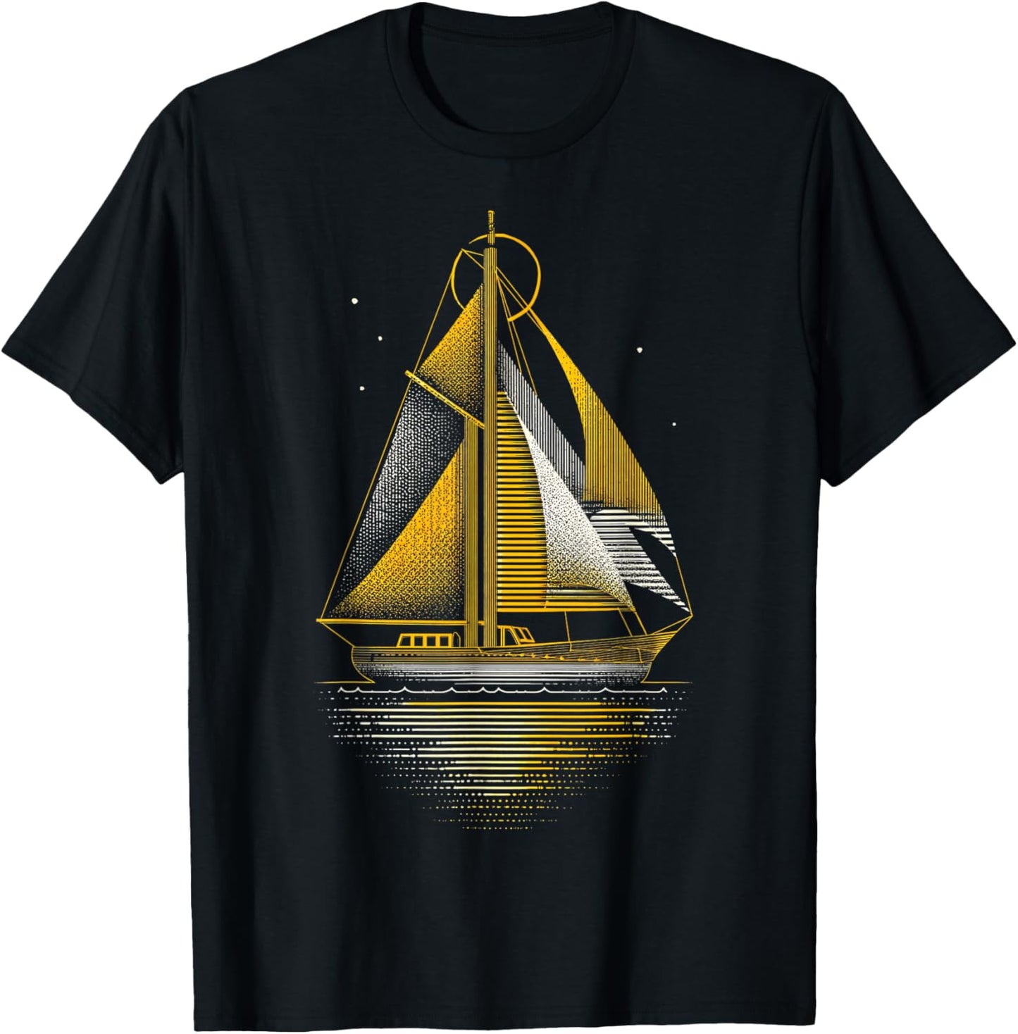 Yellow White Nautical Vintage Boat Line Graphic T-Shirt - T-Shirt | Black