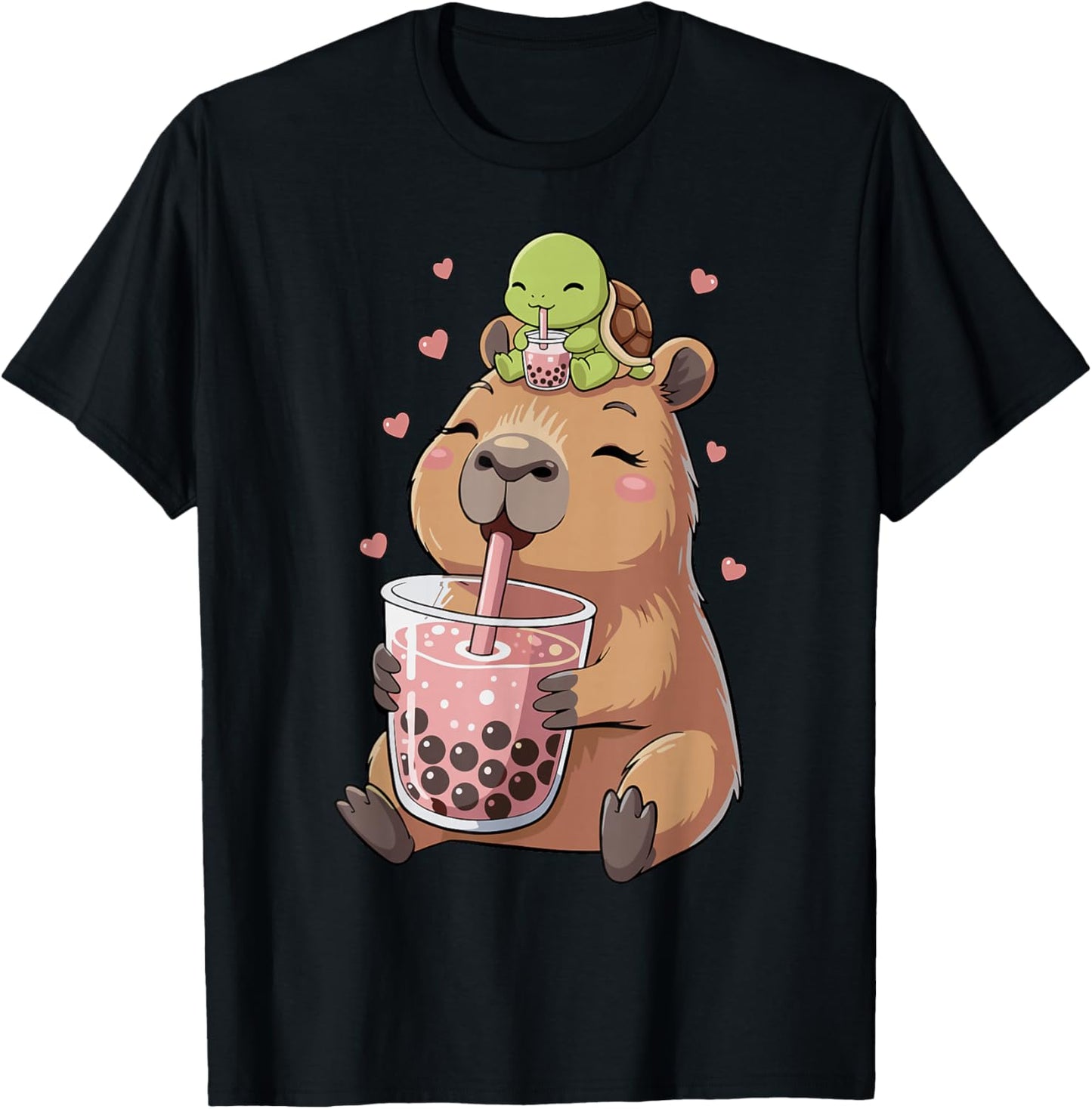 Capybara & Bubble Tea Girls' Turtle T-Shirt - T-Shirt | Black